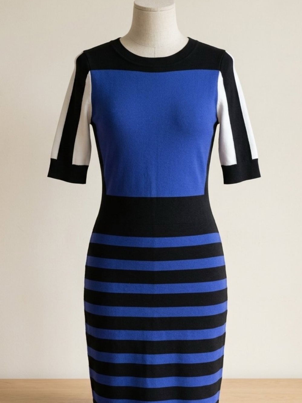 Laundry By Shelli Segal Blue and Black Striped Midi Dress